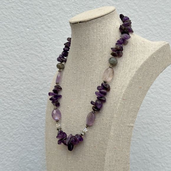 Amethyst Labradorite Beaded Sterling Silver Necklace 19" Toggle Clasp Purple VTG - Picture 7 of 16